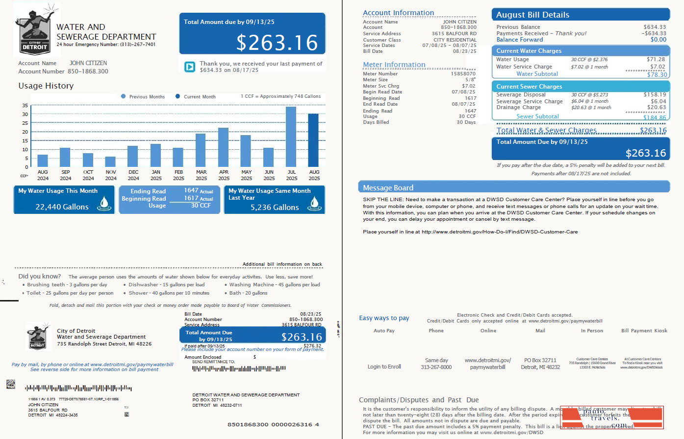 USA Detroit Water and Sewerage Department utility bill template in Word and PDF formats, 2 pages, version 5